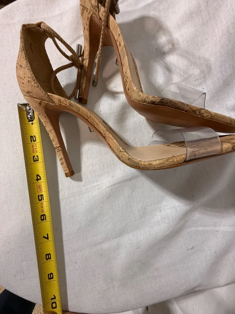 Schutz Tan Cork Ankle-Tie Stiletto Sandals with Clear Strap Size 7.5